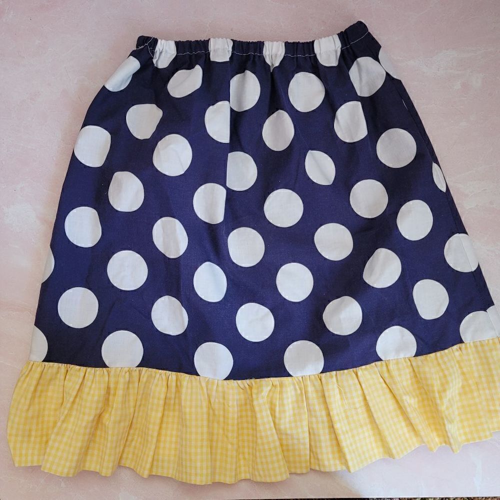 Girls medium navy blue yellow polka dot ruffle pull on skirt handmade cotton sha